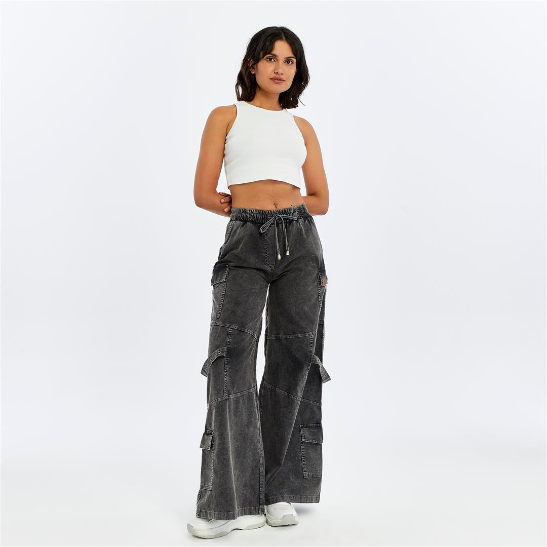 High Waist Flare Legs   Women Stone Washed Cotton Trouser