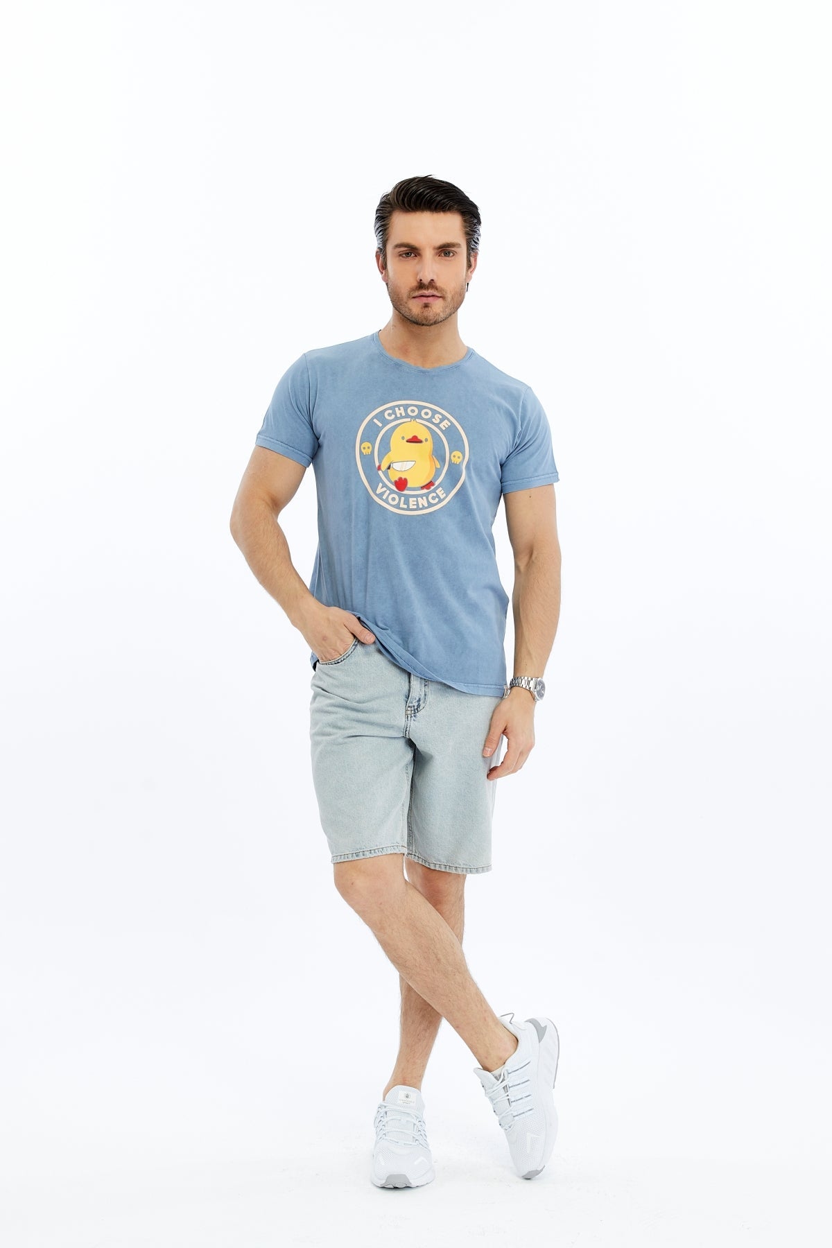 Stone Washed Effect I CHOOSE VIOLENCE FUNNY CHICK   Printed Cotton  T-shirt