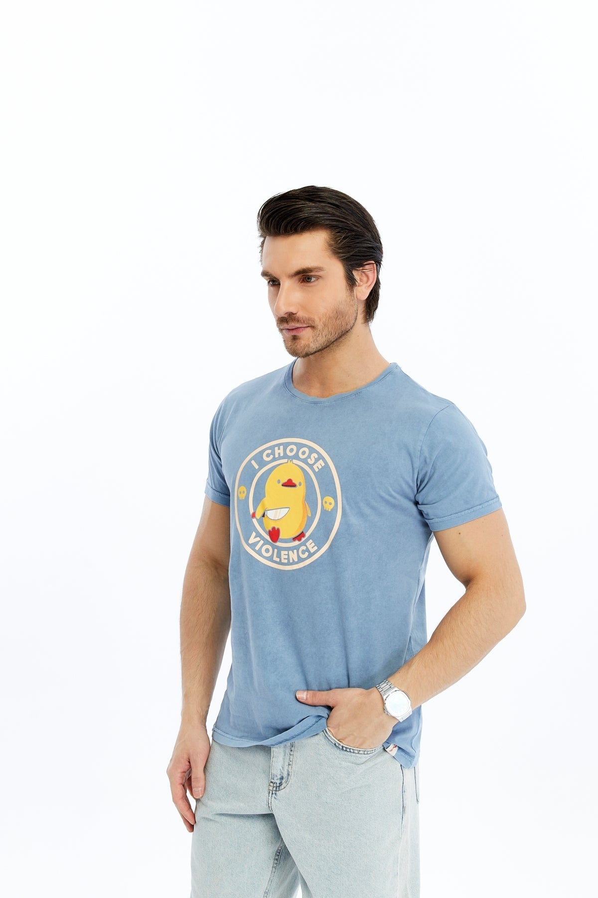 Stone Washed Effect I CHOOSE VIOLENCE FUNNY CHICK   Printed Cotton  T-shirt