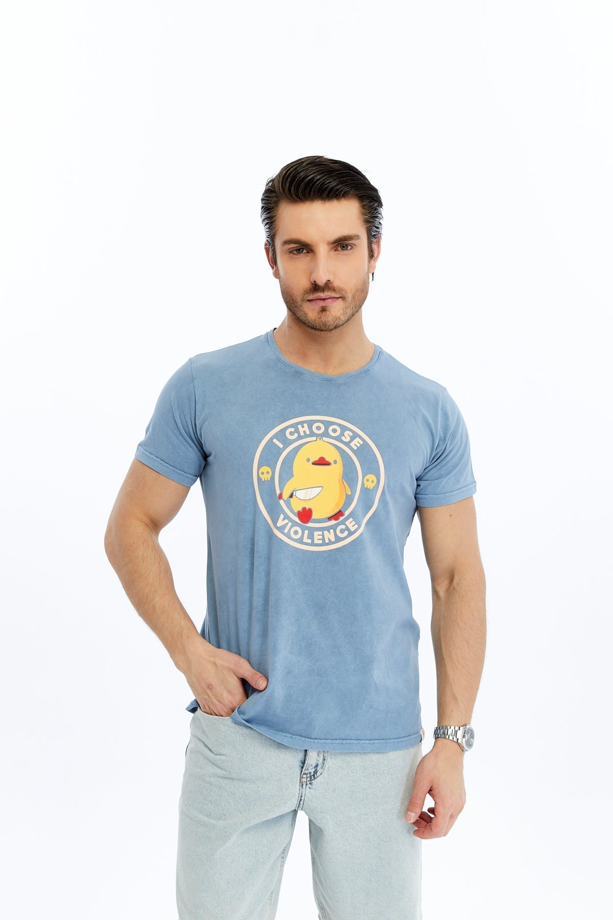 Stone Washed Effect I CHOOSE VIOLENCE FUNNY CHICK   Printed Cotton  T-shirt