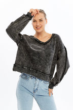 Acid Washed Plain V Neck Women Cropped Sweatshirt