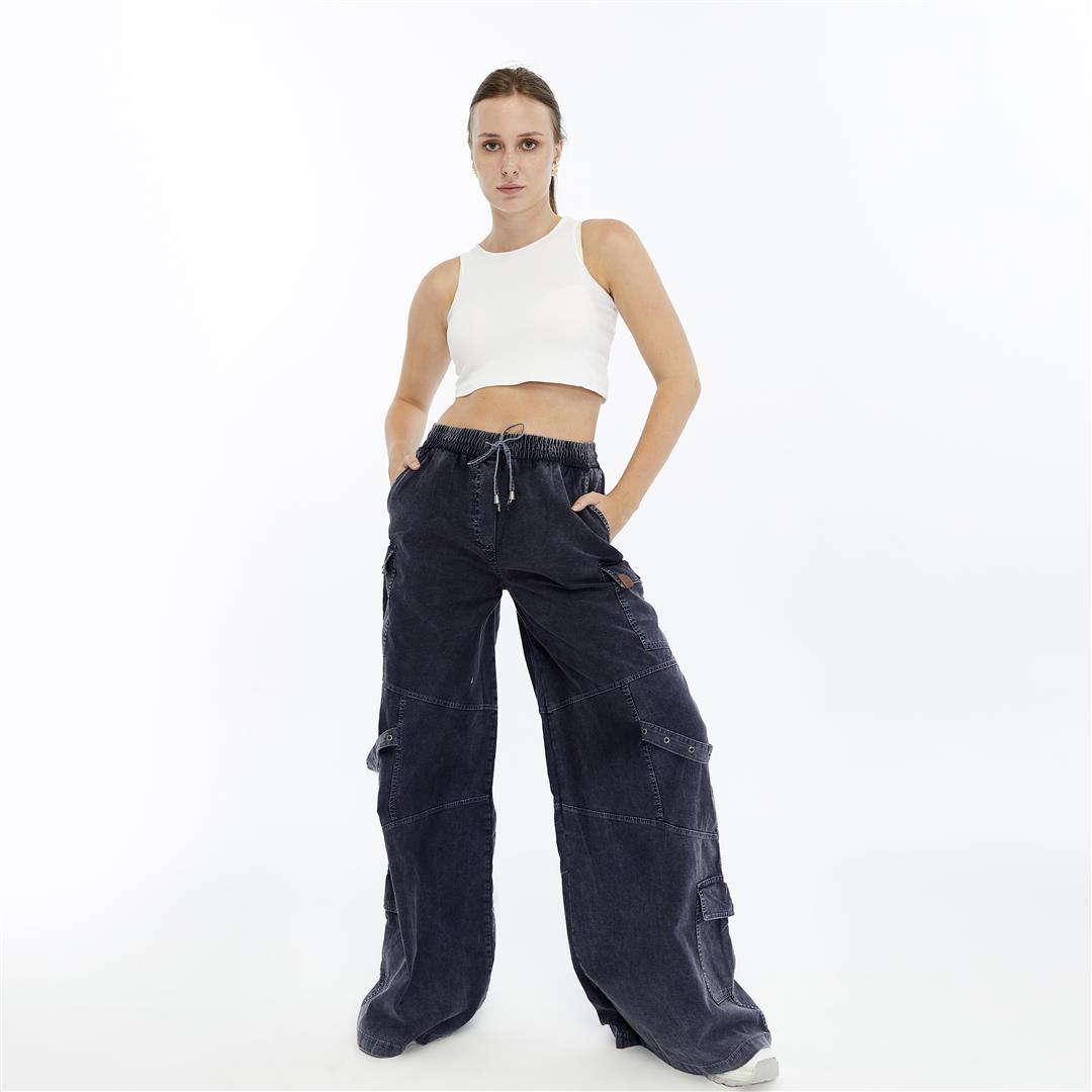 High Waist Flare Legs   Women Stone Washed Cotton Trouser