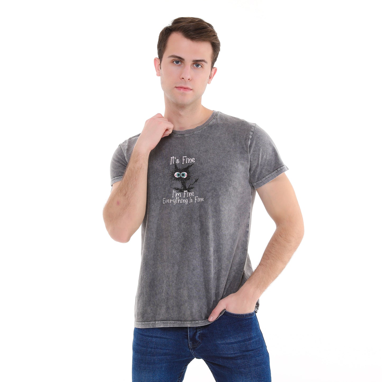 Stone Washed "I am Fine Everything Is Fine"  Printed Cotton T-shirt