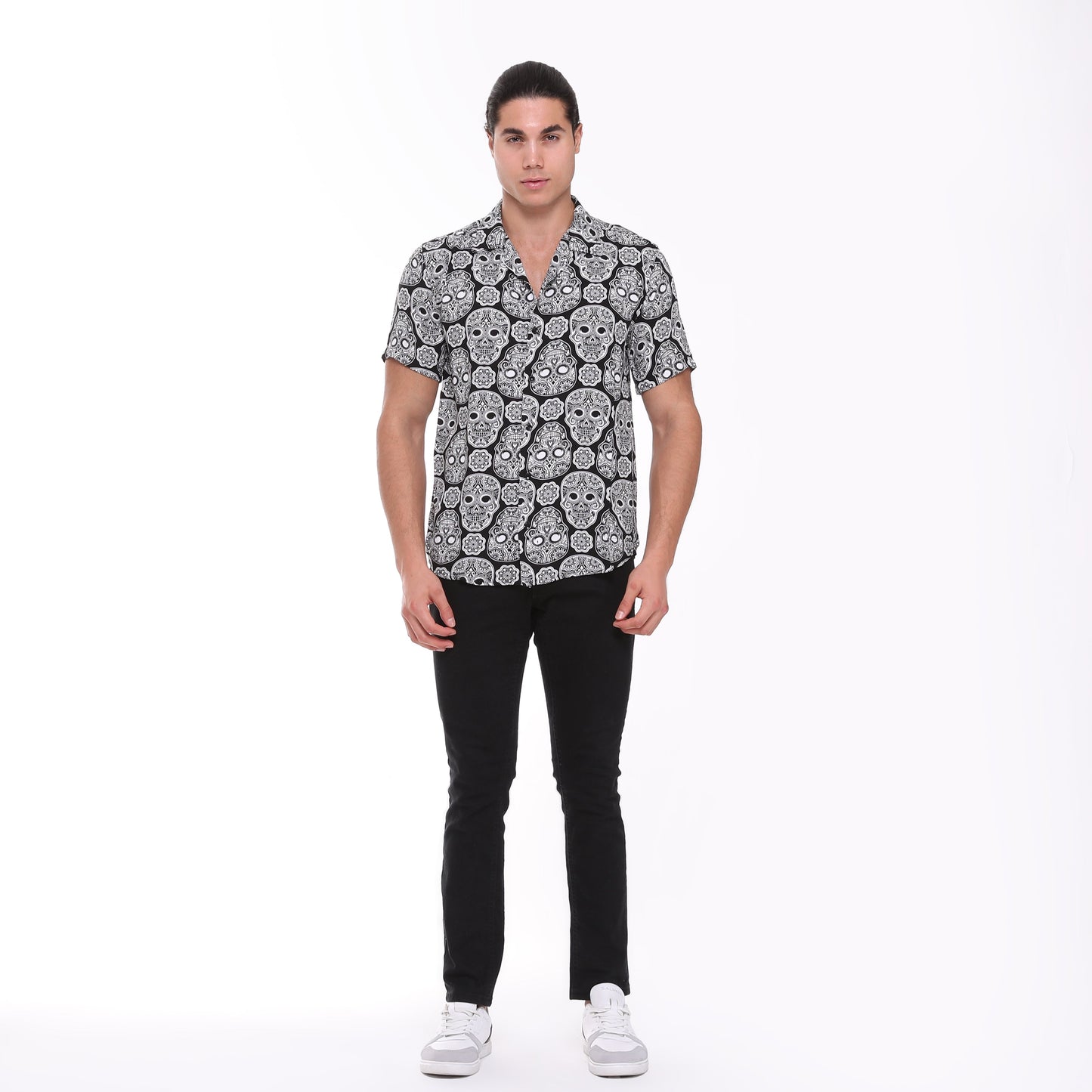 Anthracite  Full Skull Print Men's Short Sleeve Shirts