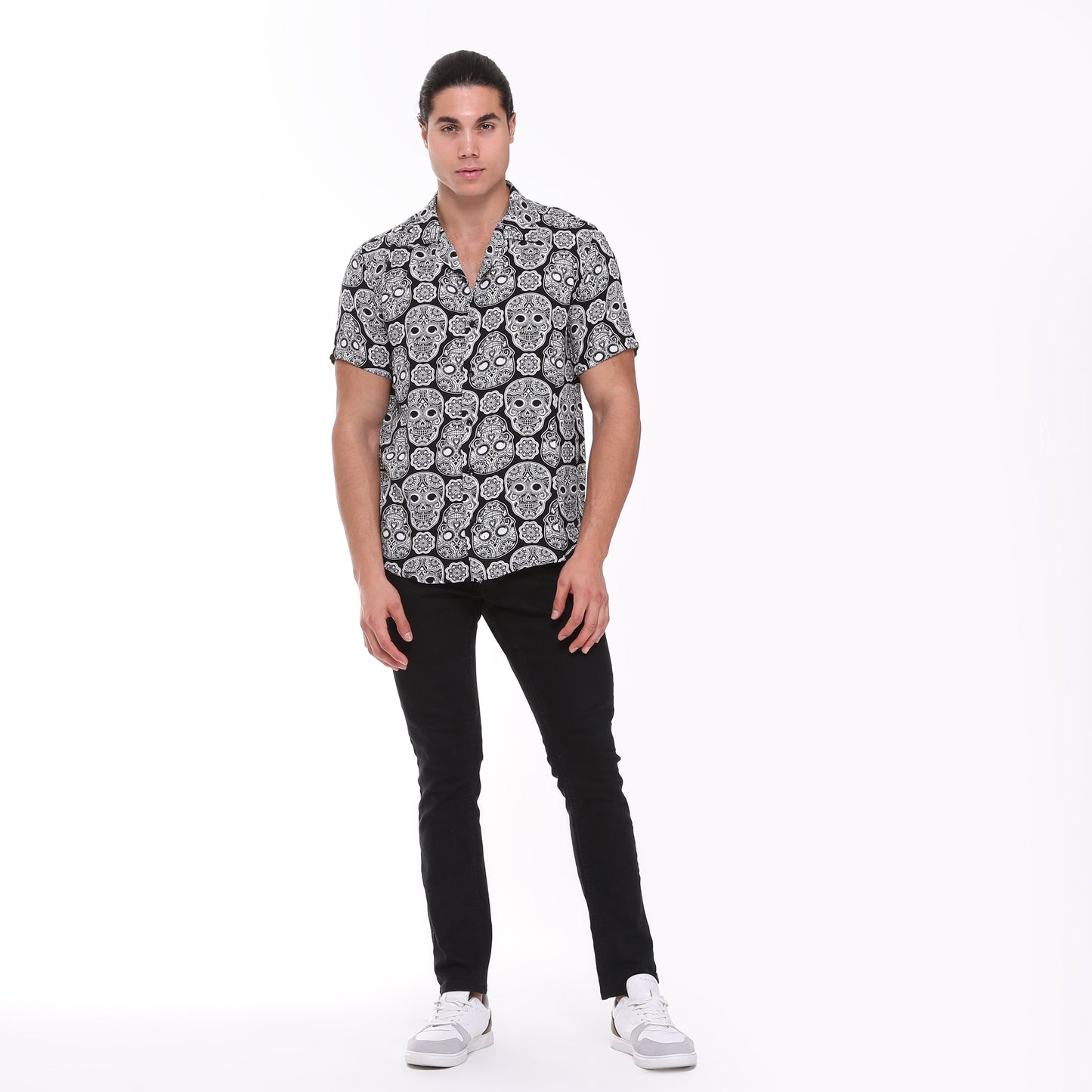 Anthracite  Full Skull Print Men's Short Sleeve Shirts