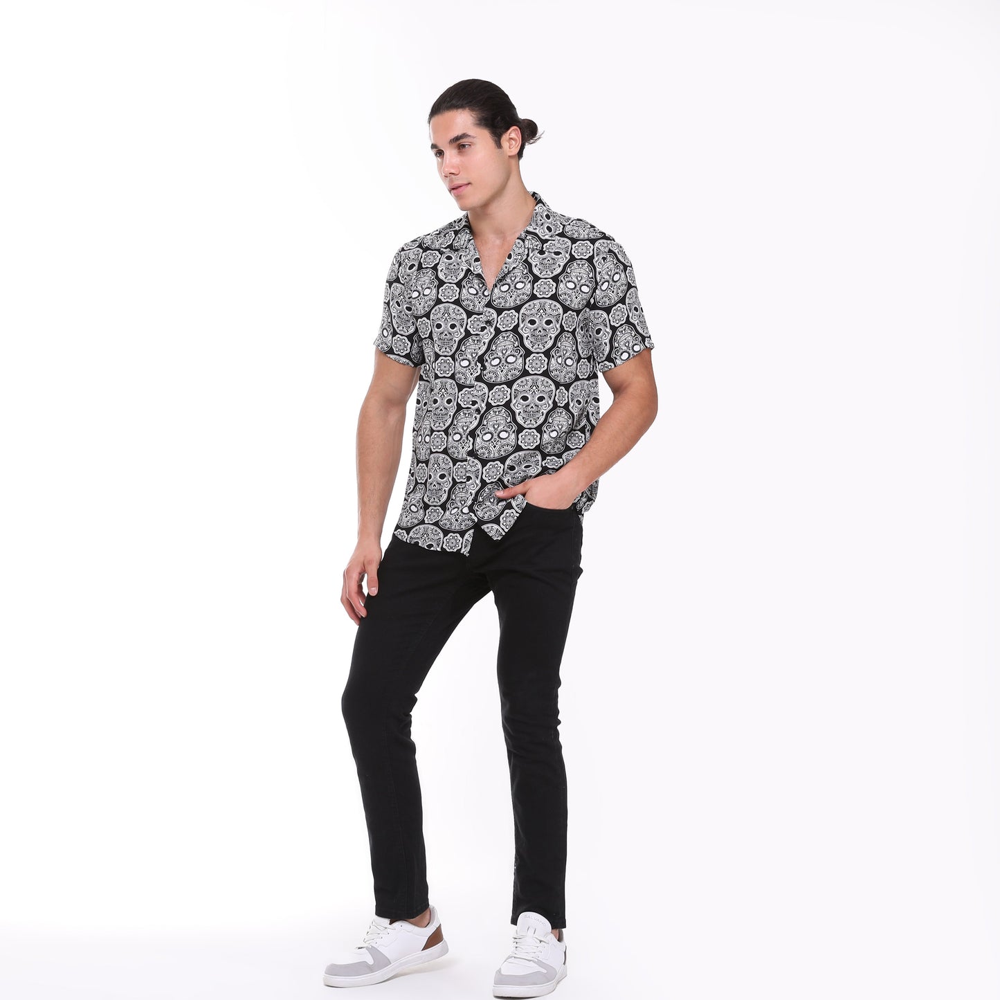 Anthracite  Full Skull Print Men's Short Sleeve Shirts