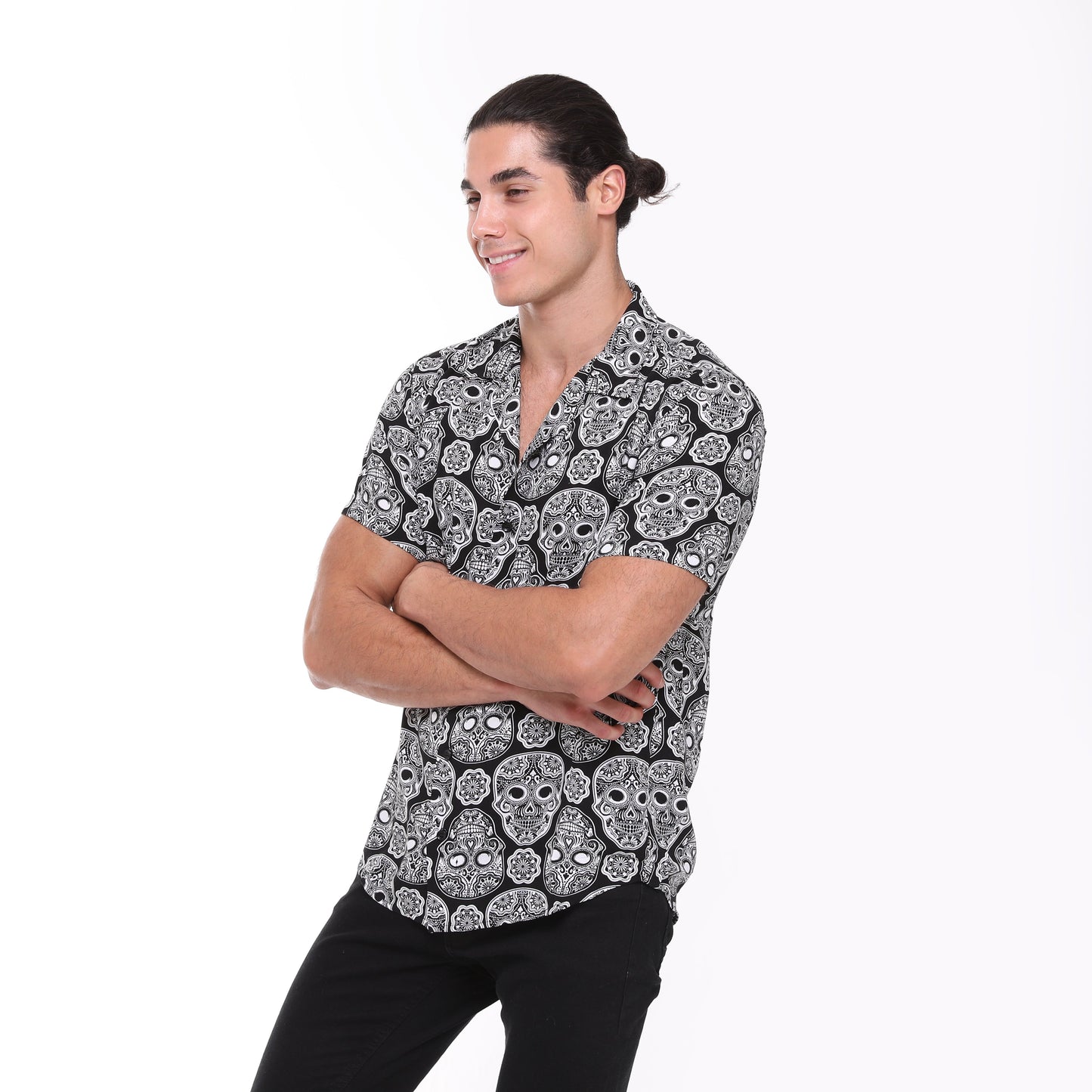 Anthracite  Full Skull Print Men's Short Sleeve Shirts
