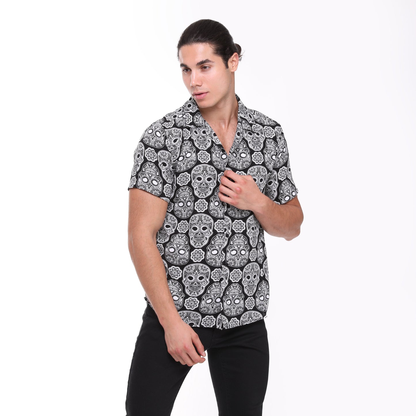 Anthracite  Full Skull Print Men's Short Sleeve Shirts