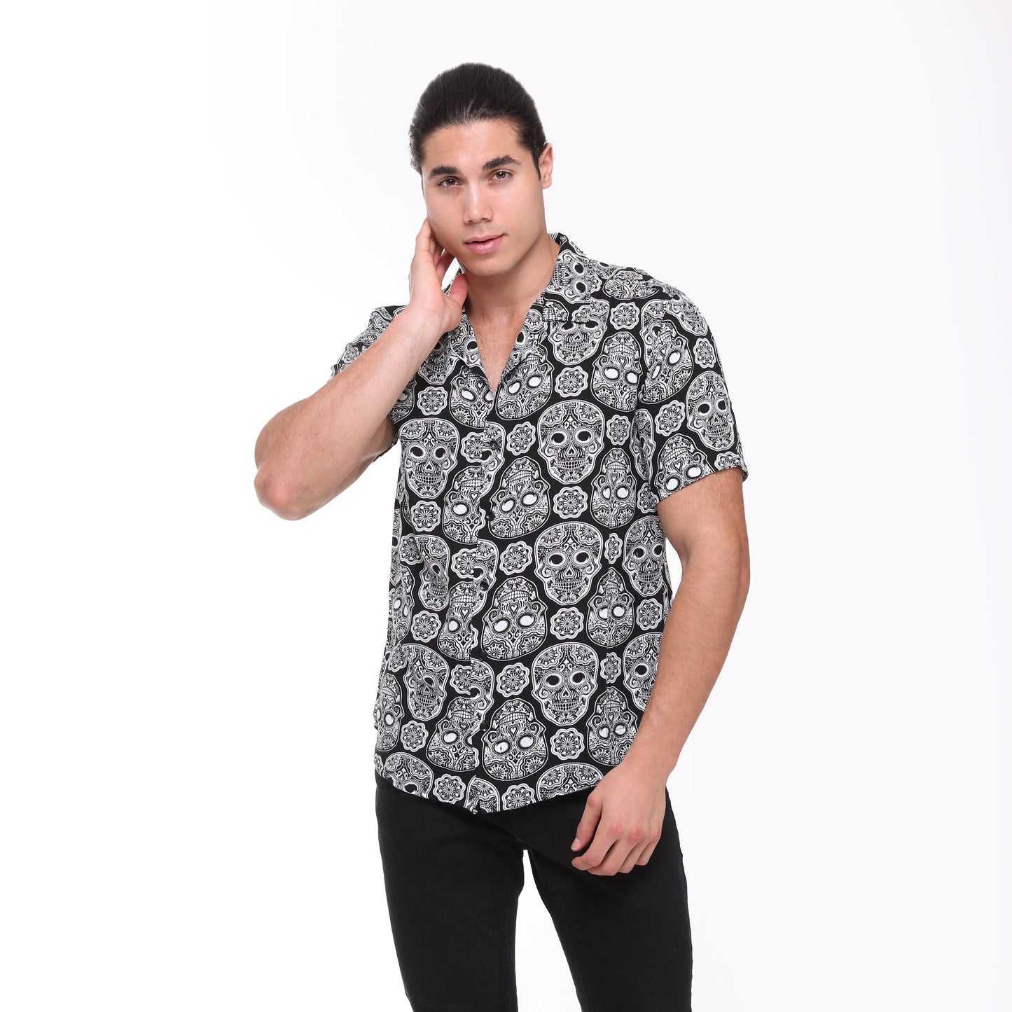 Anthracite  Full Skull Print Men's Short Sleeve Shirts