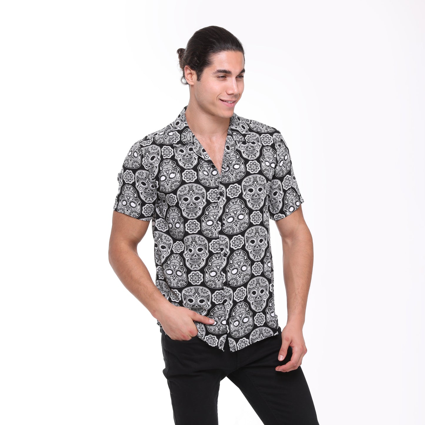Anthracite  Full Skull Print Men's Short Sleeve Shirts