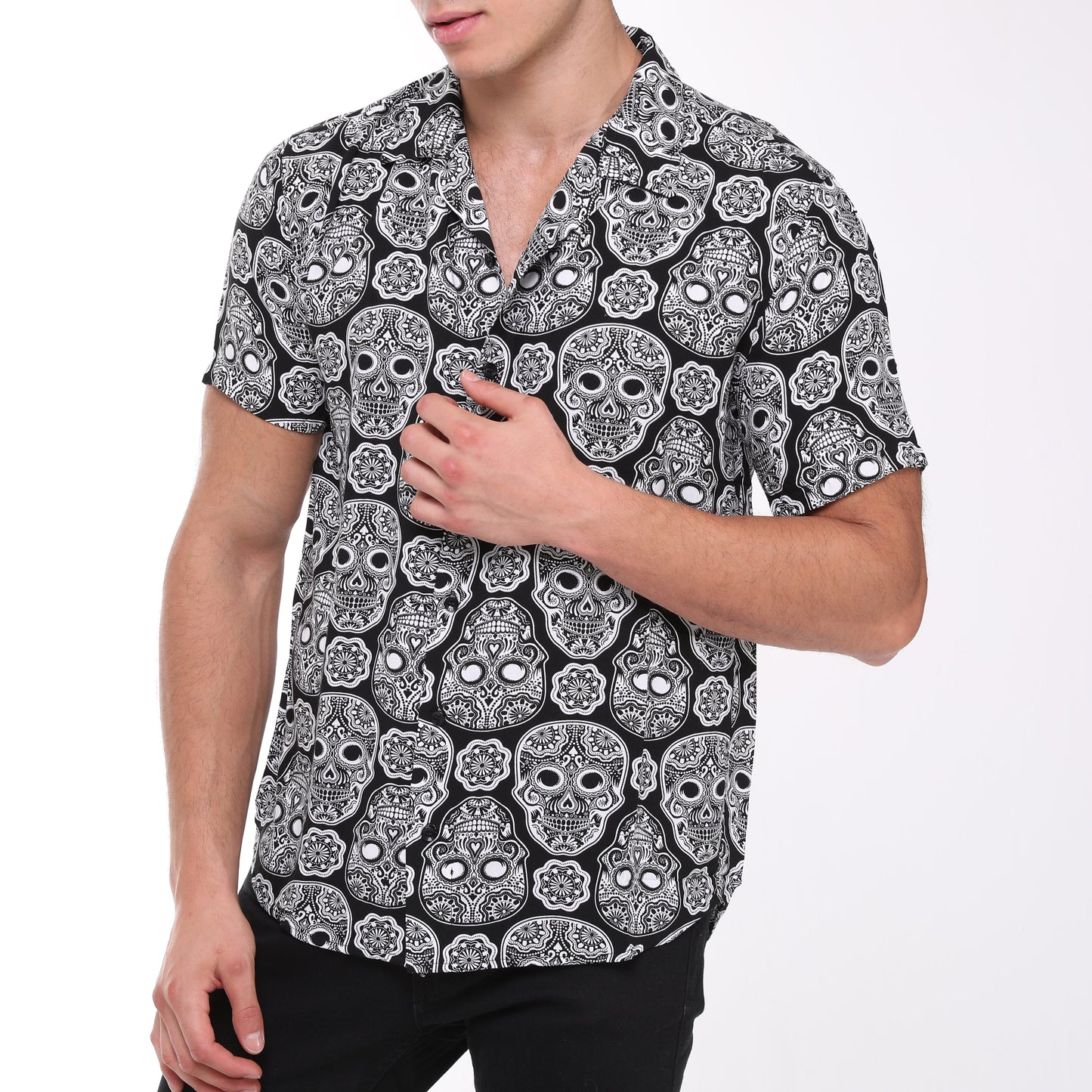 Anthracite  Full Skull Print Men's Short Sleeve Shirts