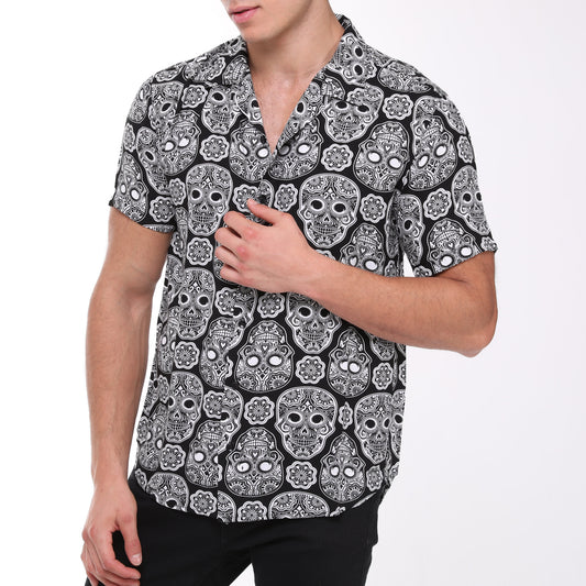 Anthracite  Full Skull Print Men's Short Sleeve Shirts