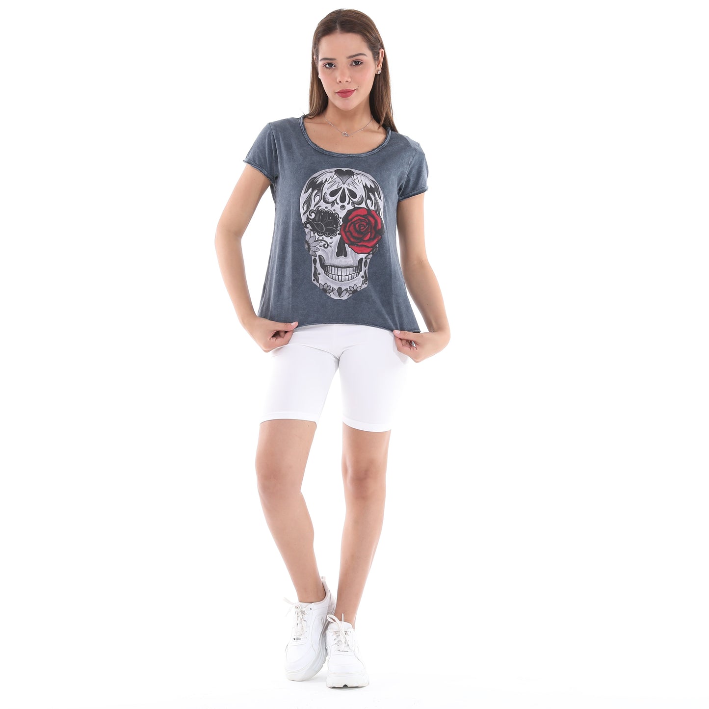 Stone Washed Rose Skull Printed Cotton Women Scoop Neck T-shirt