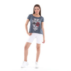 Stone Washed Rose Skull Printed Cotton Women Scoop Neck T-shirt