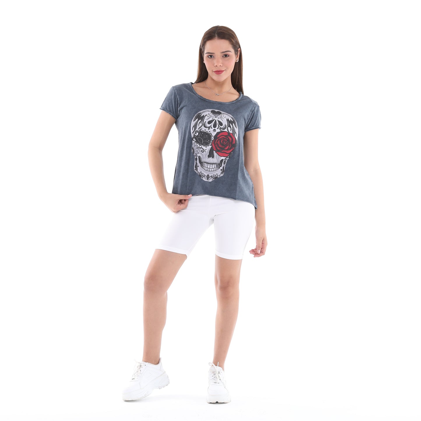 Stone Washed Rose Skull Printed Cotton Women Scoop Neck T-shirt