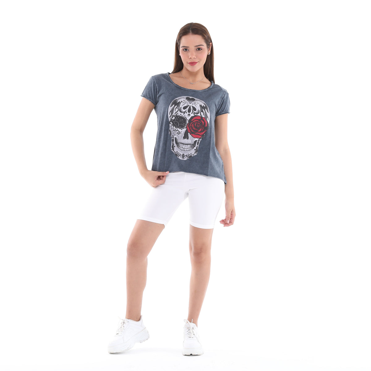 Stone Washed Rose Skull Printed Cotton Women Scoop Neck T-shirt