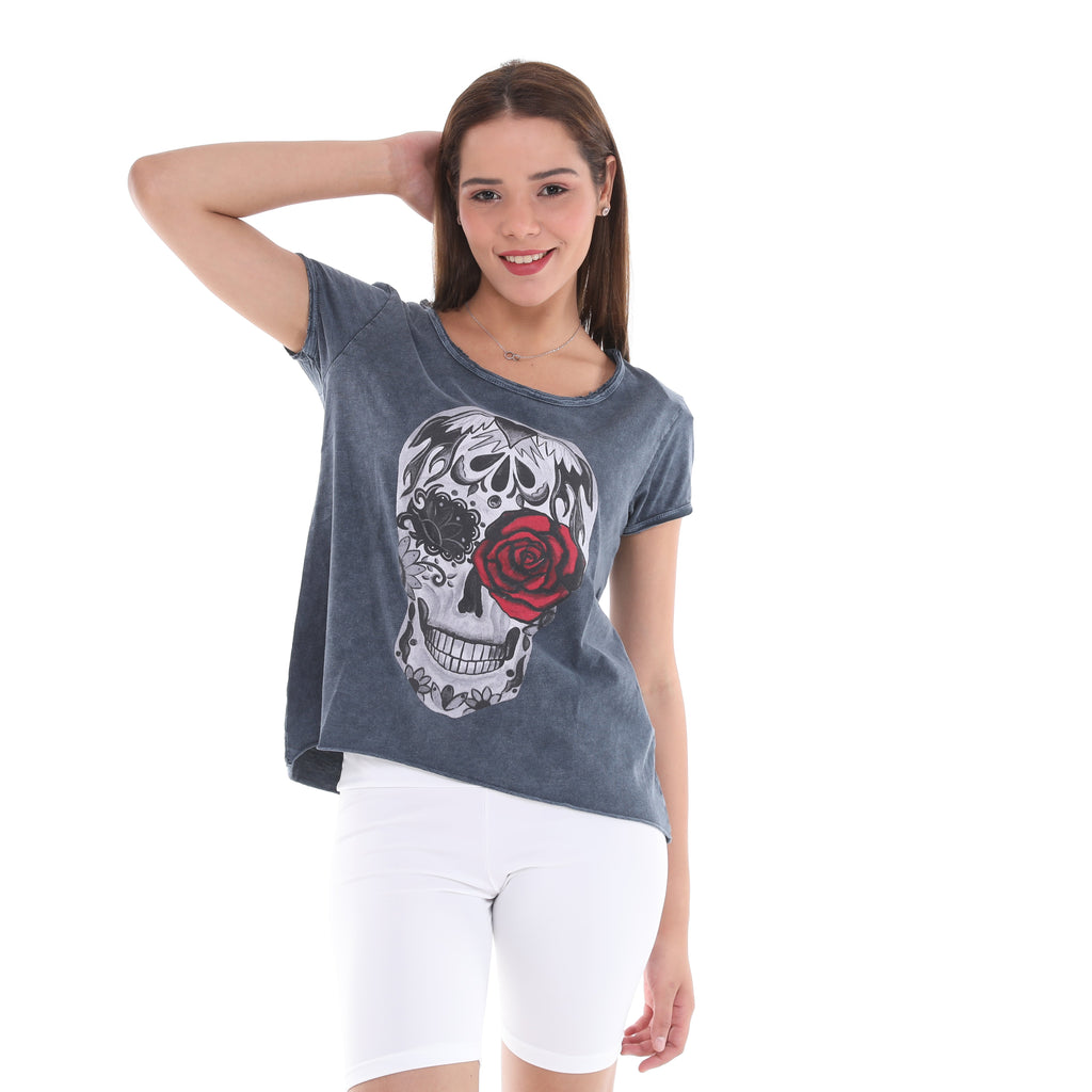 Stone Washed Rose Skull Printed Cotton Women Scoop Neck T-shirt