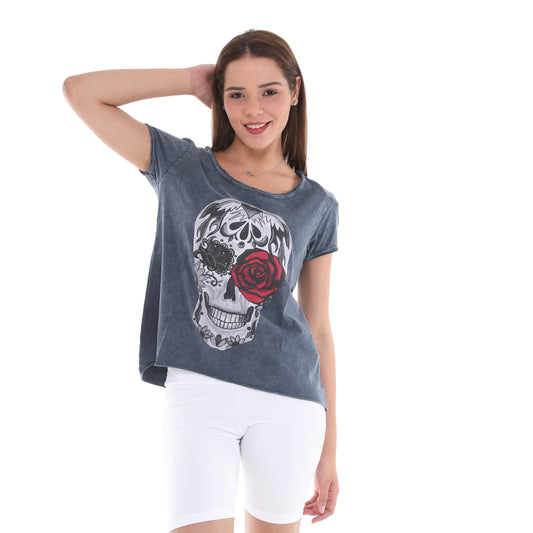 Stone Washed Rose Skull Printed Cotton Women Scoop Neck T-shirt