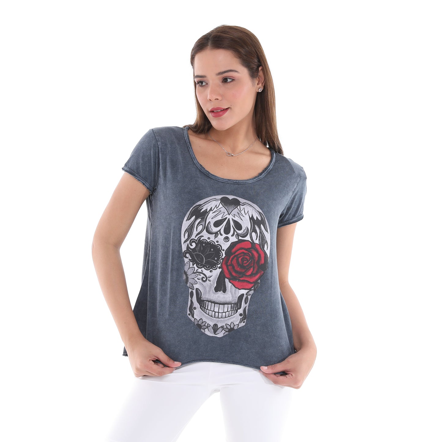 Stone Washed Rose Skull Printed Cotton Women Scoop Neck T-shirt