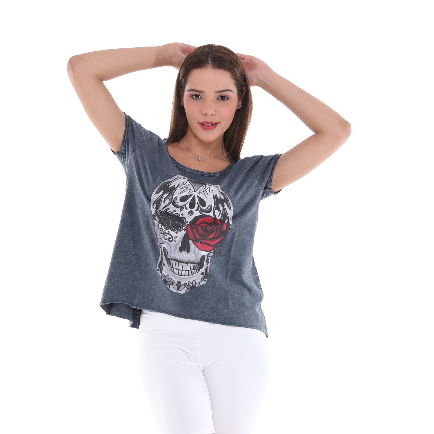 Stone Washed Rose Skull Printed Cotton Women Scoop Neck T-shirt