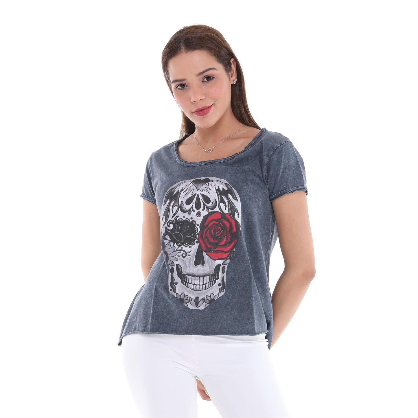 Stone Washed Rose Skull Printed Cotton Women Scoop Neck T-shirt
