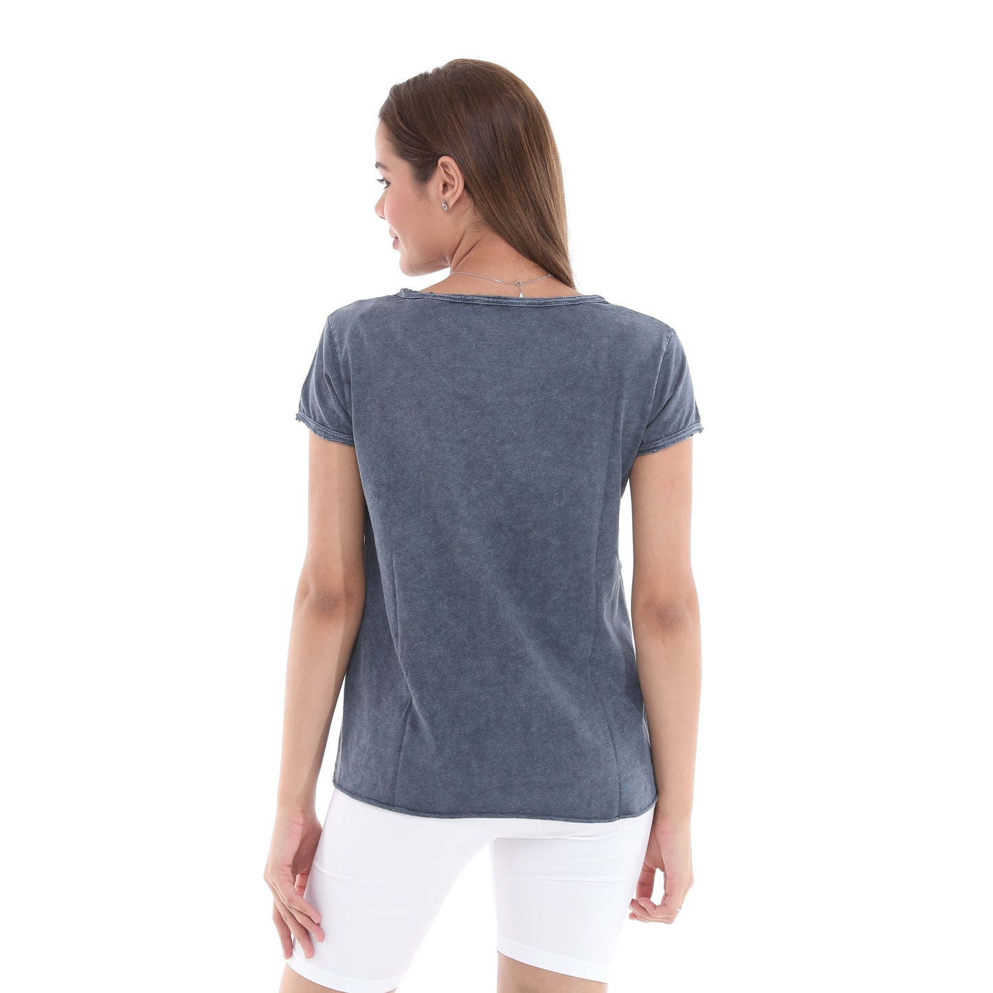 Stone Washed Rose Skull Printed Cotton Women Scoop Neck T-shirt