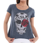 Stone Washed Rose Skull Printed Cotton Women Scoop Neck T-shirt