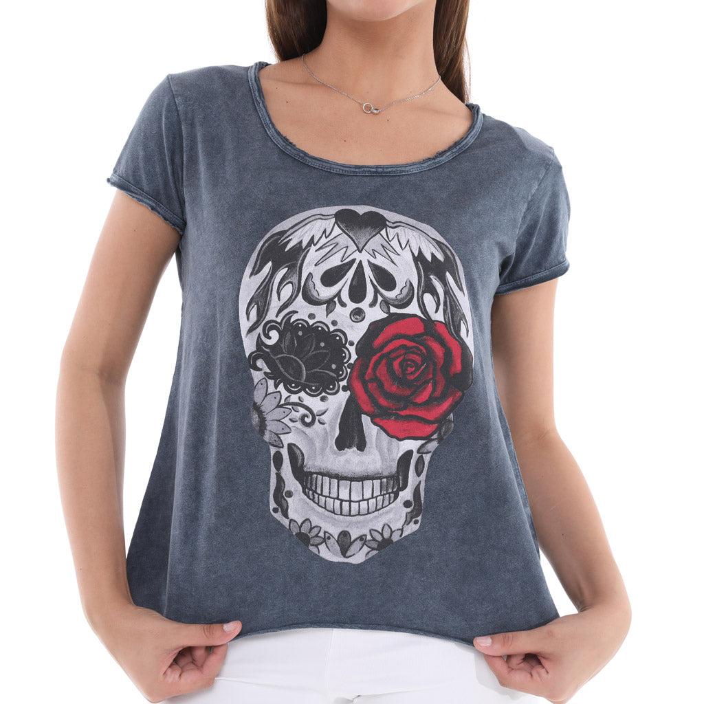Stone Washed Rose Skull Printed Cotton Women Scoop Neck T-shirt