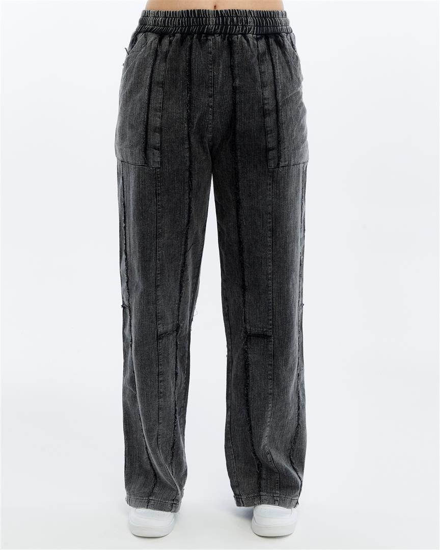 Stone Washed High Waist Details Cotton Trouser