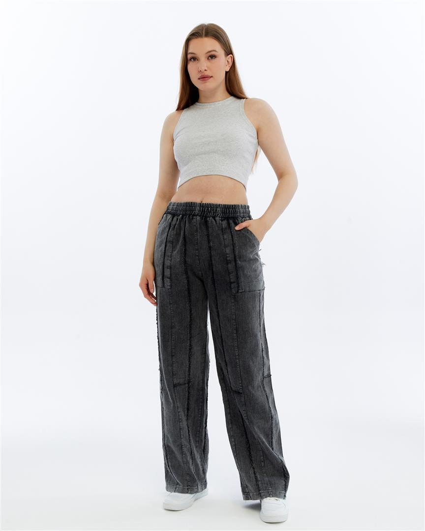 Stone Washed High Waist Details Cotton Trouser