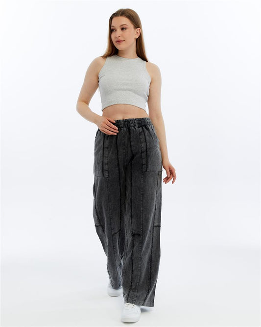 Stone Washed High Waist Details Cotton Trouser