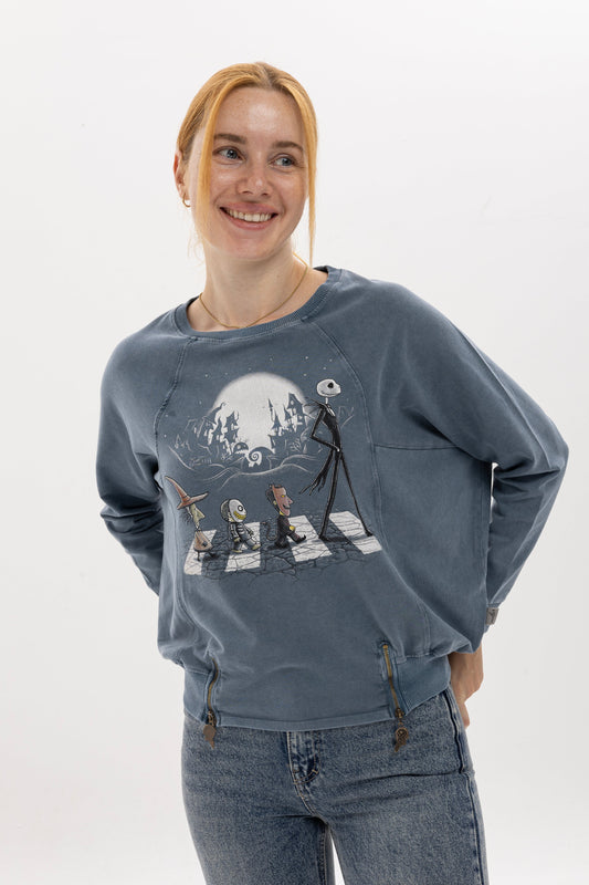 Ballon Cut Zip Front Night Before Christmas Print Women Sweatshirt