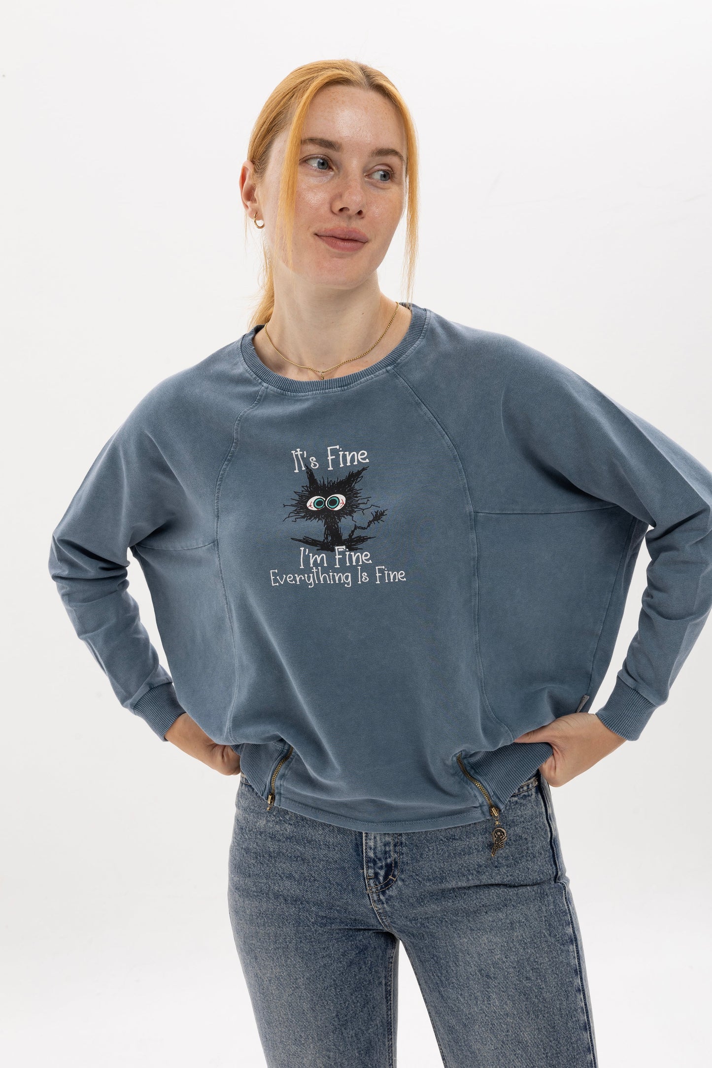 Ballon Cut Zip Front IT'S  FINE  EVEREYTHING  IS FINE Print Women Sweatshirt
