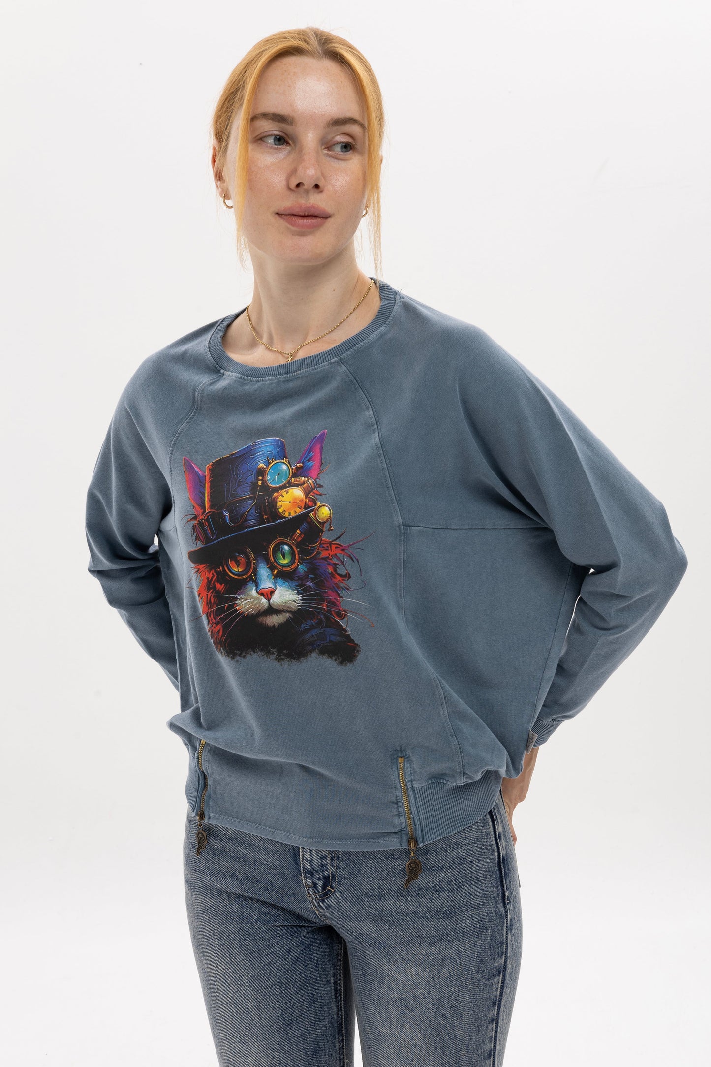 Ballon Cut Zip Front STEAMPUNK CAT  Print Women Sweatshirt