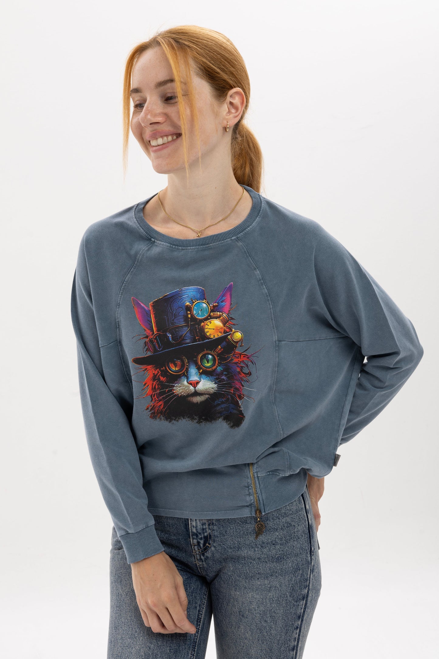 Ballon Cut Zip Front STEAMPUNK CAT  Print Women Sweatshirt