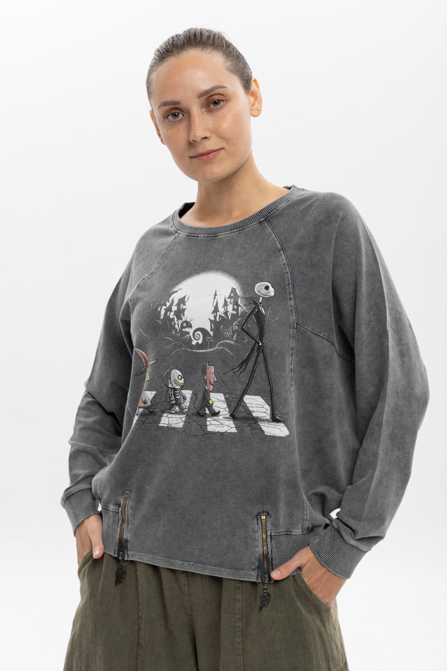 Ballon Cut Zip Front Night Before Christmas Print Women Sweatshirt