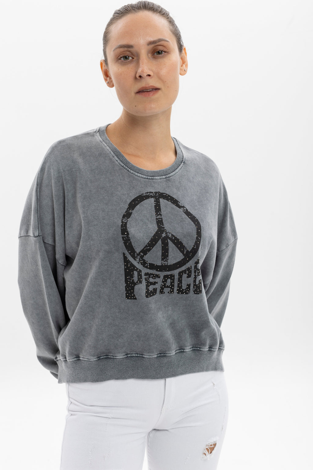 Stone Washed Cotton PEACE WITH PEACE ENGRAVED Print  Women Cropped Sweatshirt