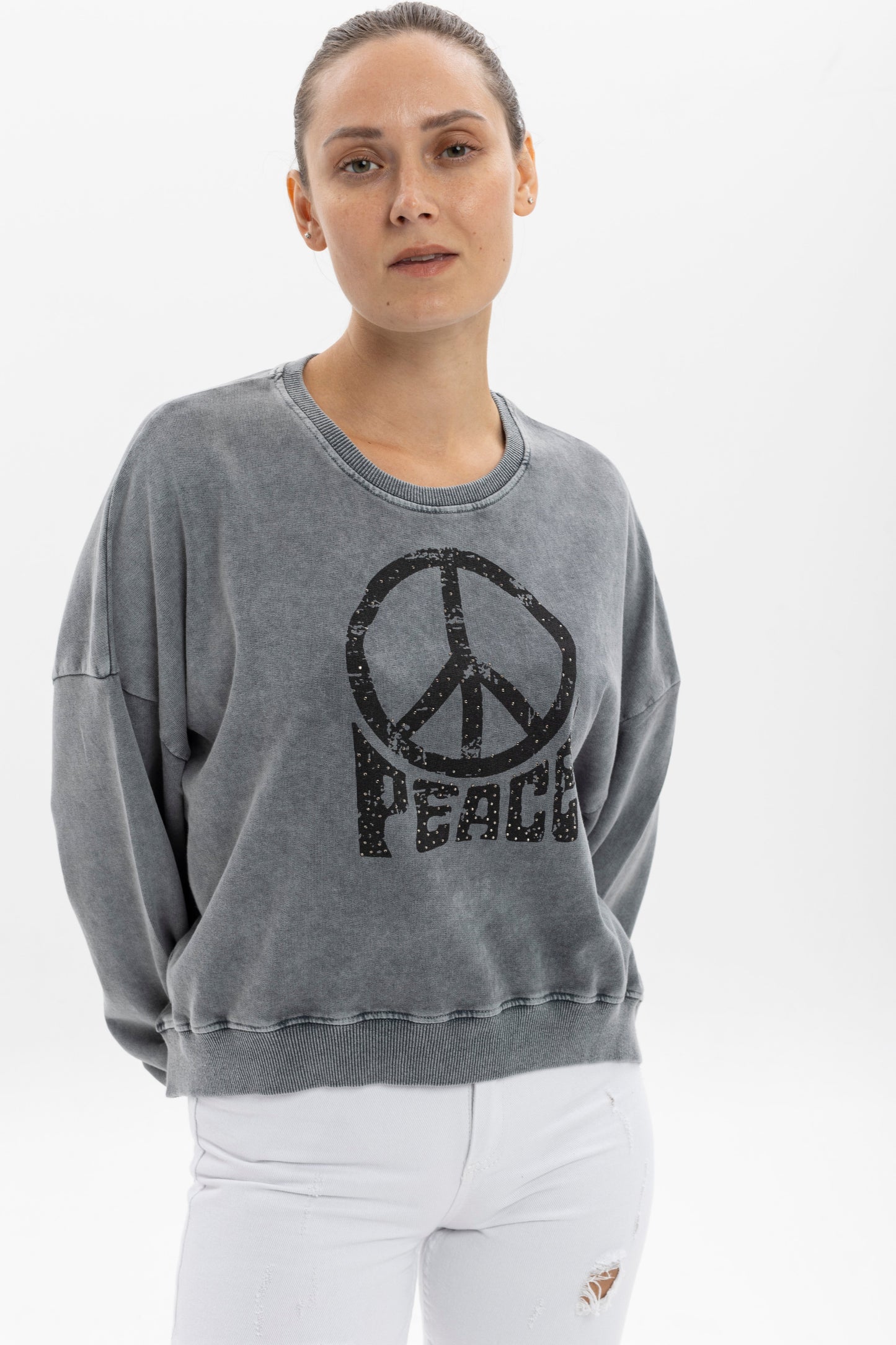 Stone Washed Cotton PEACE WITH PEACE ENGRAVED Print  Women Cropped Sweatshirt