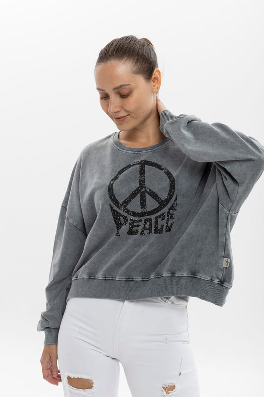 Stone Washed Cotton PEACE WITH PEACE ENGRAVED Print  Women Cropped Sweatshirt
