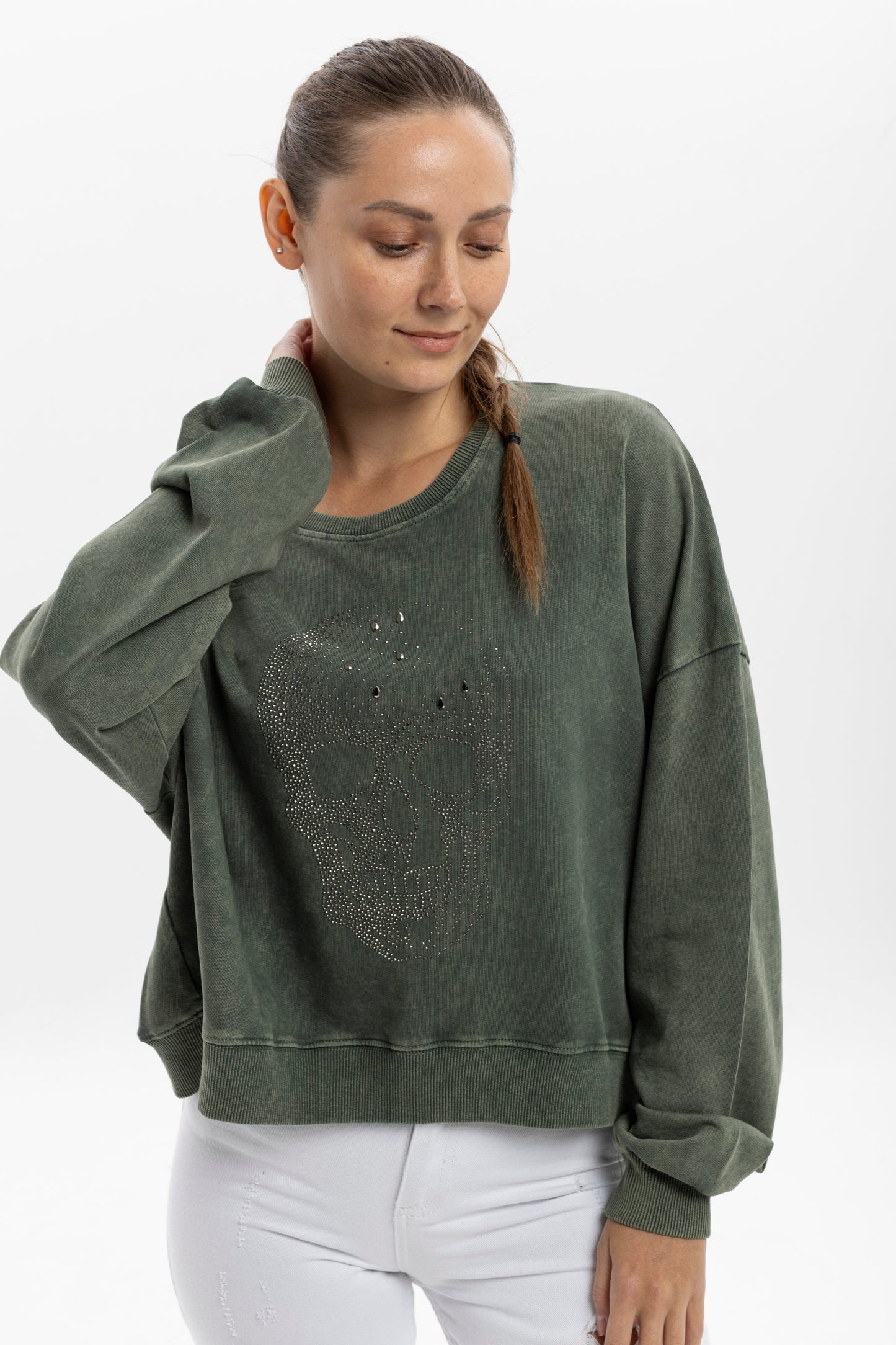 Ballon Cut Zip Front SKULL STONE  Print Women Sweatshirt
