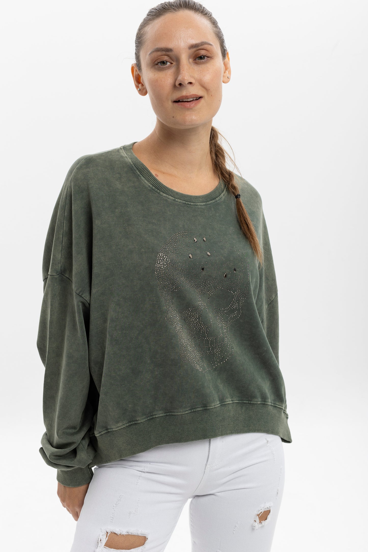 Ballon Cut Zip Front SKULL STONE  Print Women Sweatshirt