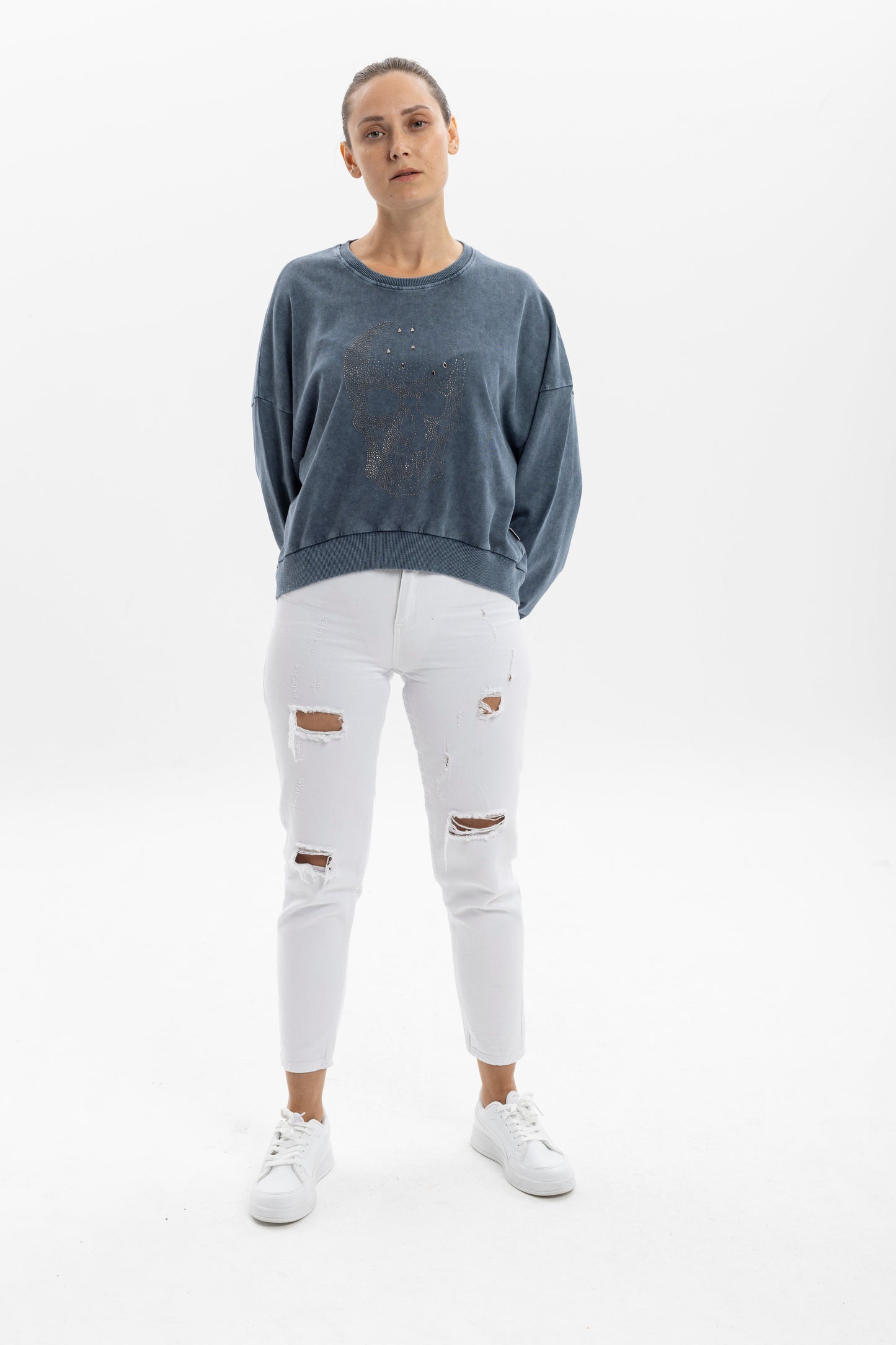 Ballon Cut Zip Front SKULL STONE  Print Women Sweatshirt