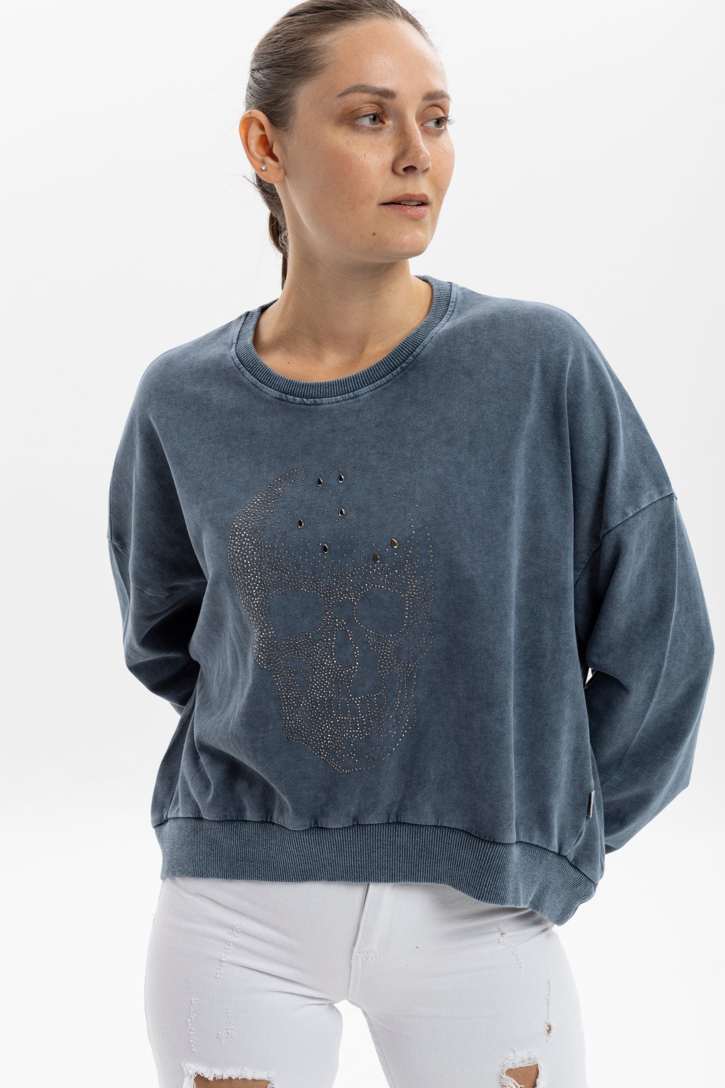 Ballon Cut Zip Front SKULL STONE  Print Women Sweatshirt