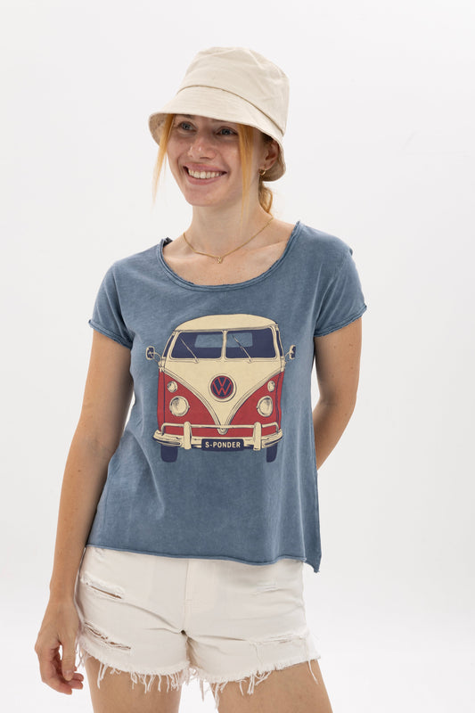 Anthracite Stone Washed Camper Van Print Women's Top