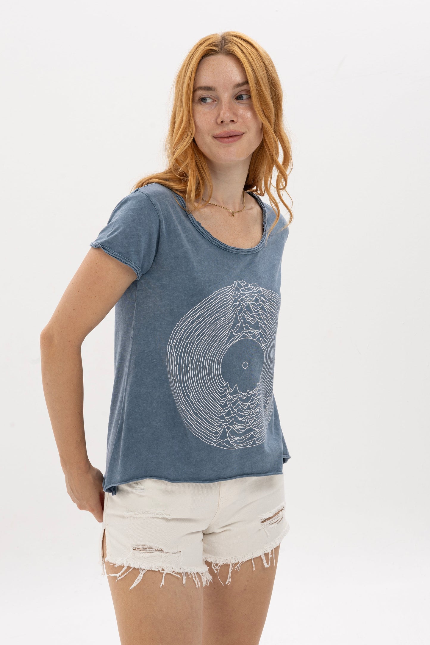 Stone Washed  Record Vinyl Jy Dvsn Printed Cotton Women Scoop Neck T-shirt