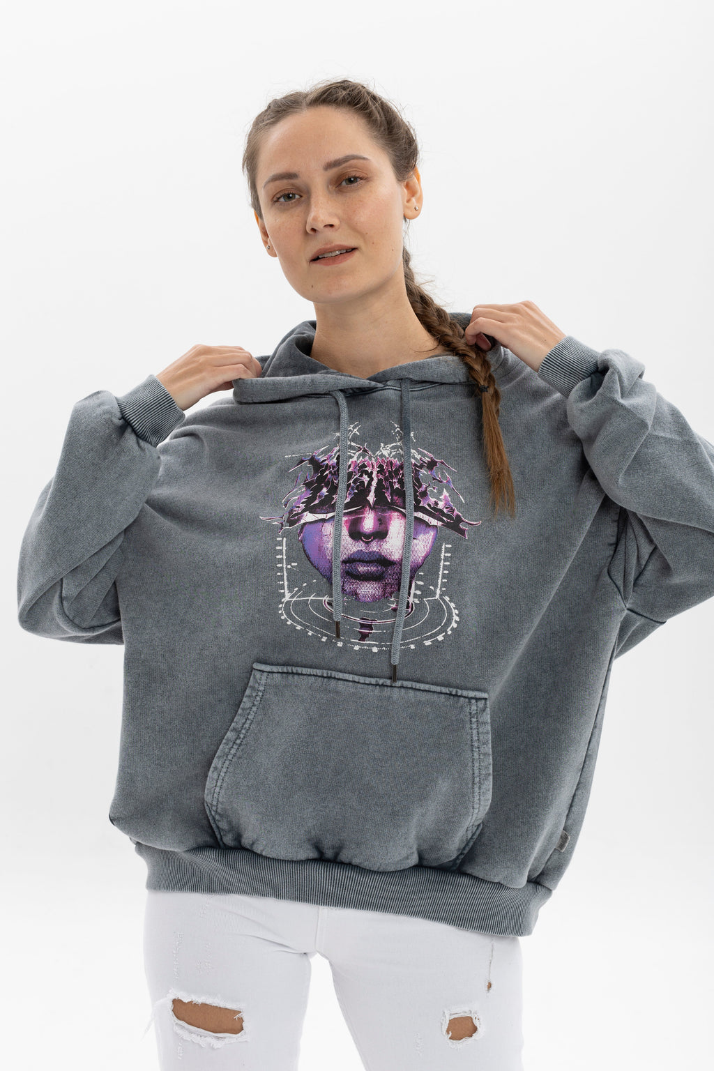 Stone Washed PERCING FACE Printed Relaxed Hoodie