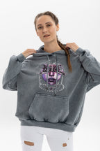 Stone Washed PERCING FACE Printed Relaxed Hoodie