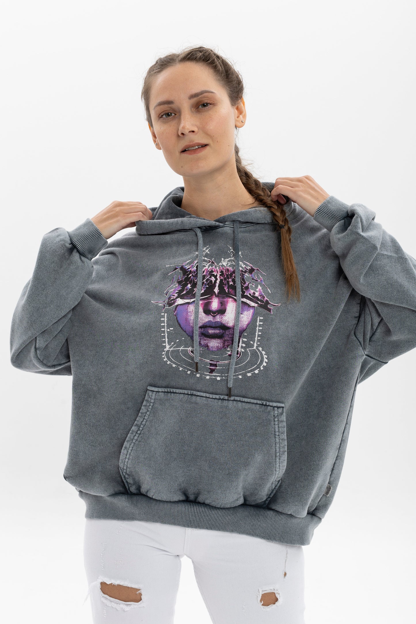 Stone Washed PERCING FACE Printed Relaxed Hoodie