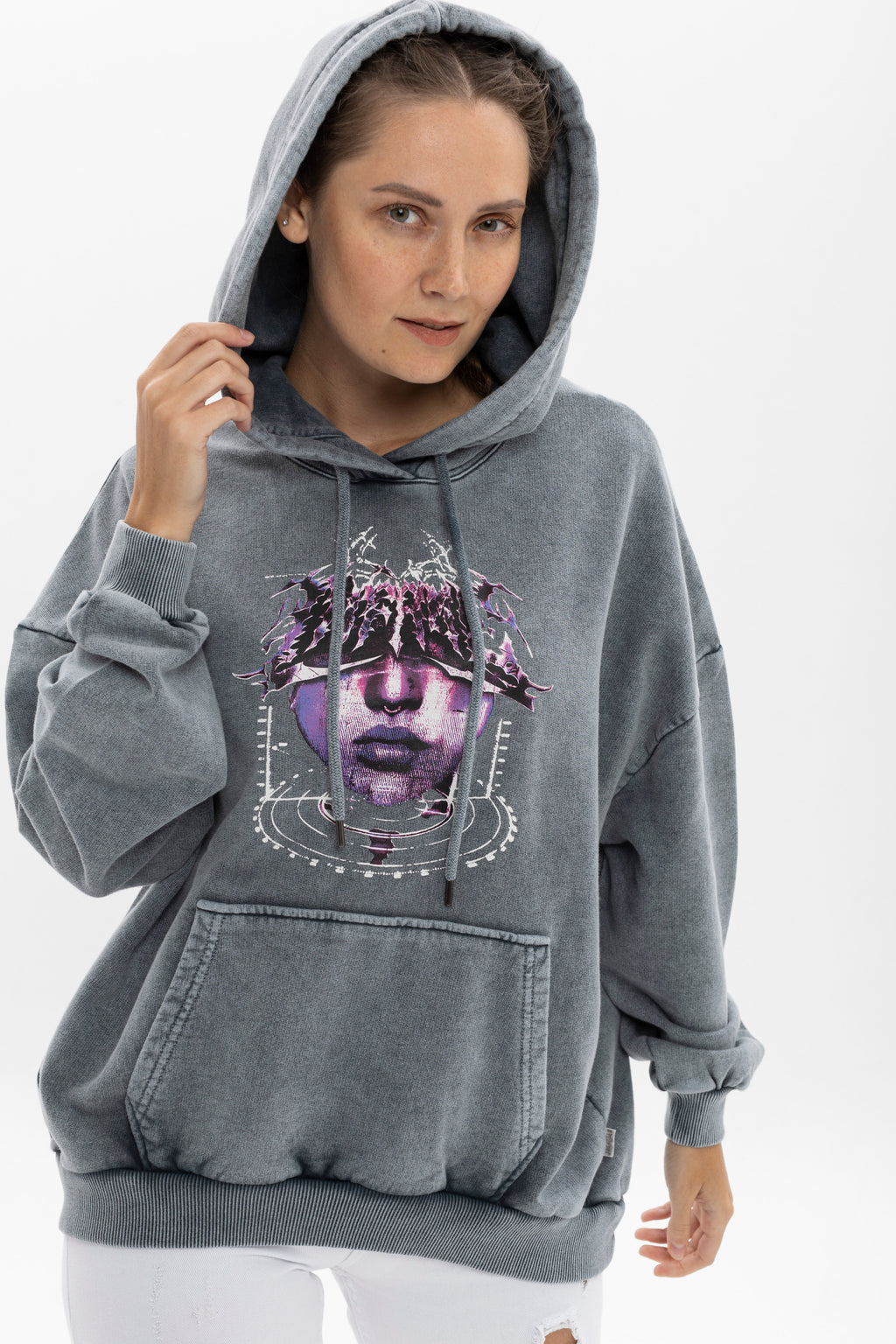 Stone Washed PERCING FACE Printed Relaxed Hoodie