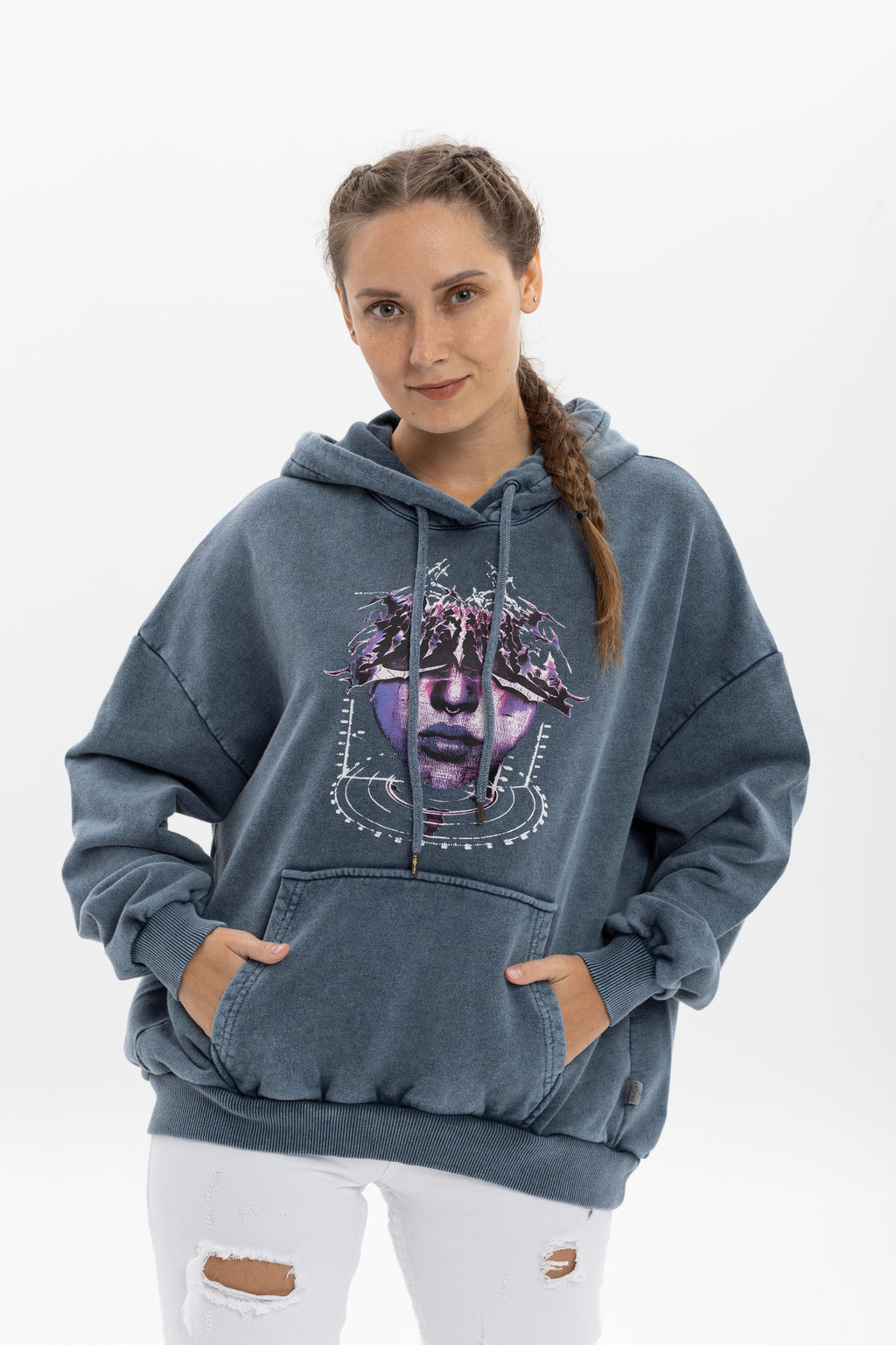 Stone Washed PERCING FACE Printed Relaxed Hoodie